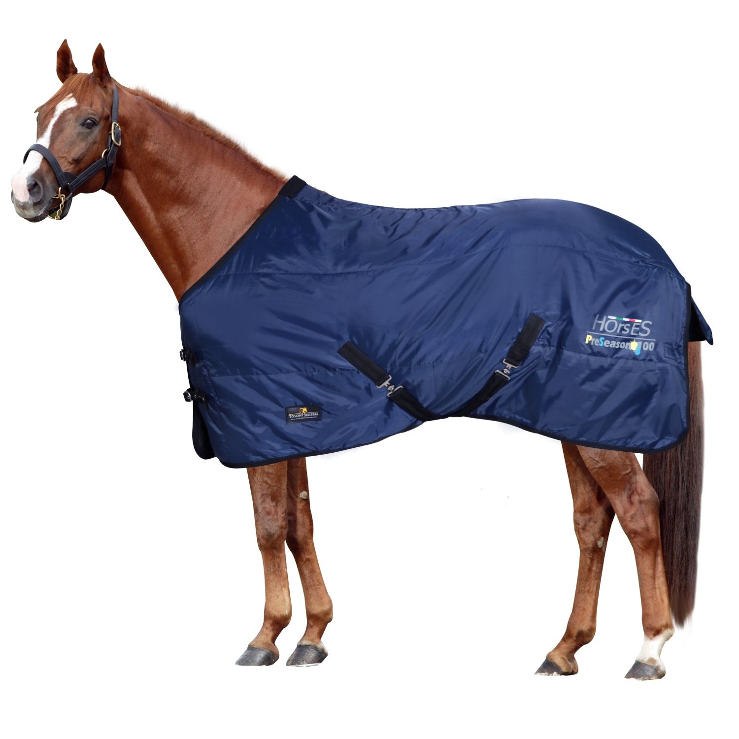 Horses Boxdecke Preseason – 100g Füllung, Mit Kreuz- & Beinriemen, Schweifschoner, Blau