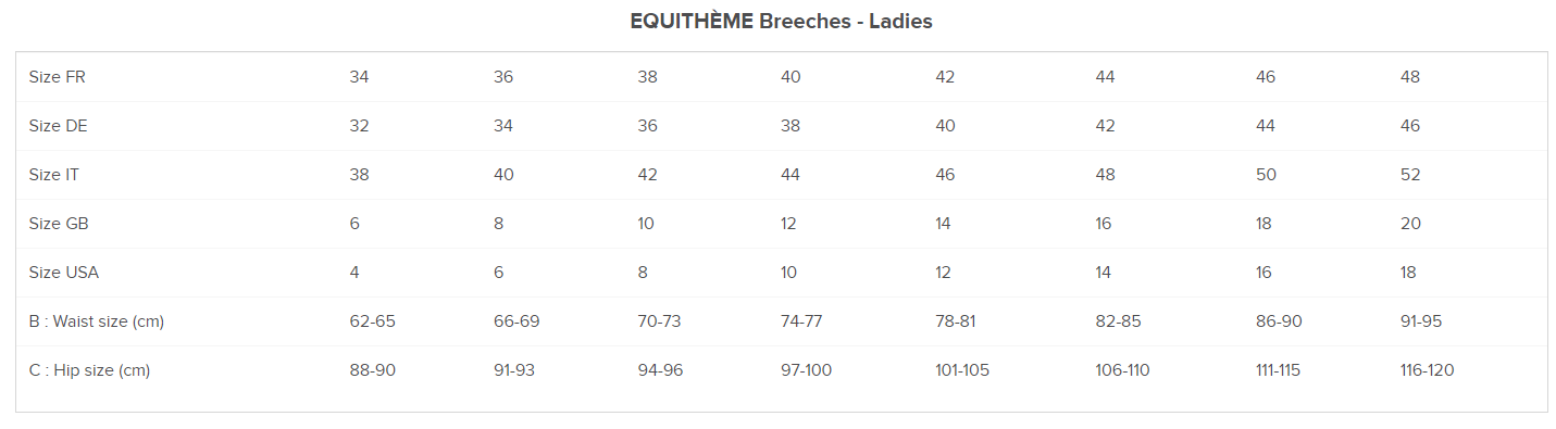 Size Chart Equitheme